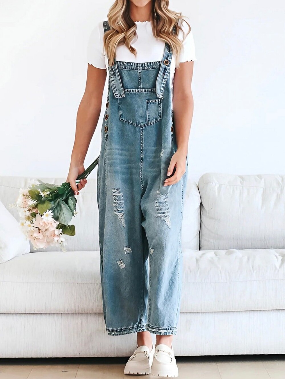 Light Blue Distressed Denim Women’s Overalls. Size Medium